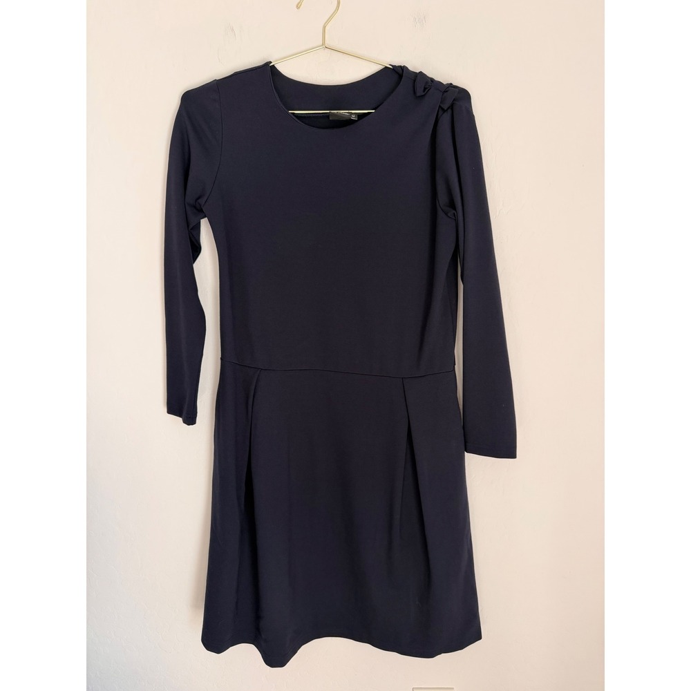 LE MUSE Navy Blue Long Sleeve Bow Shoulder Pleated Midi Dress Size M